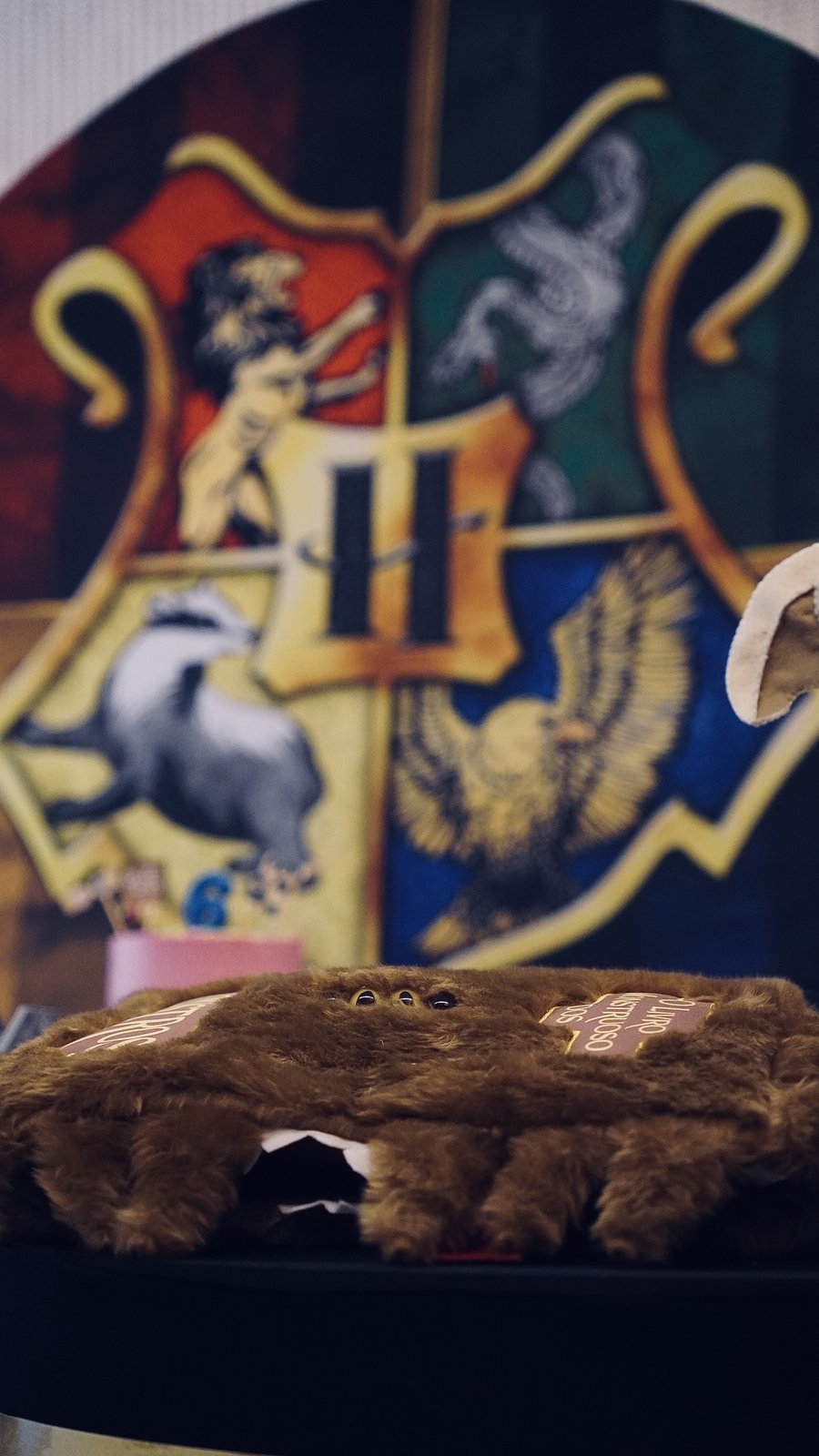 O brasão de Hogwarts e o Livro Monstruoso dos Monstros.